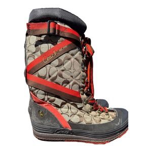 Coach Marian Lace Up Insulated Boots Sz 9.5‎ Signature Logo Brown & Red Mid Calf